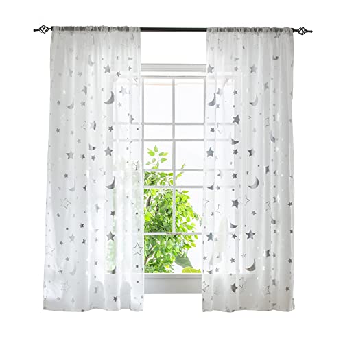 ESLIR Gardinen mit Tunnelzug Transparente Vorhänge Voile Fensterschal Modern Mond und Sterne Muster Wohnzimmer Kinderzimmer 1 Stück BxH 140x145cm Silber von ESLIR