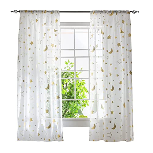 ESLIR Gardinen mit Tunnelzug Transparente Vorhänge Voile Fensterschal Modern Mond und Sterne Muster Wohnzimmer Kinderzimmer 1 Stück BxH 140x175cm Gold von ESLIR