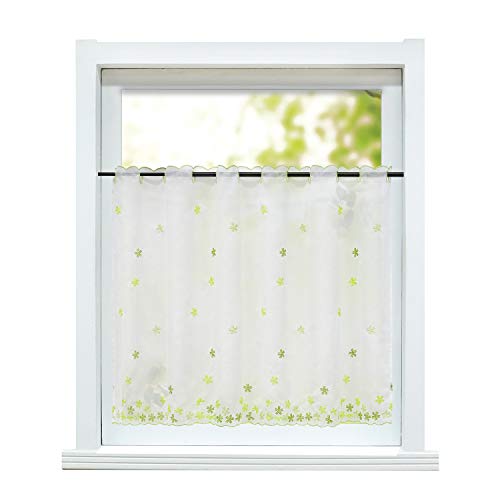 ESLIR Scheibengardine Landhaus Bistrogardine Küche Gardinen Transparent Vorhänge mit Stickerei Kurzgardine Bestickt Voile Blumen Grün HxB 75x110cm 1 Stück von ESLIR