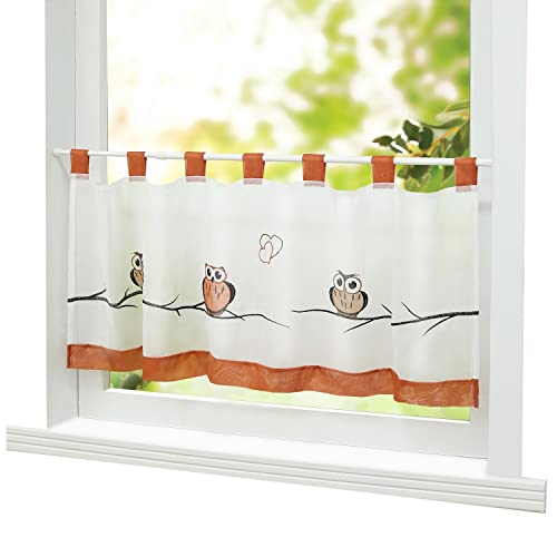 ESLIR Scheibengardine Landhaus Bistrogardine mit Schlaufen Küche Gardinen Transparent Vorhänge Voile Kurzgardine Bestickt Terrakotta HxB 60x120cm 1 Stück von ESLIR