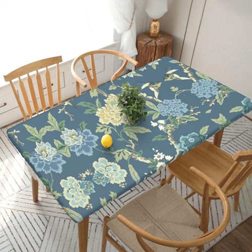 ESNAIUVCD Blaue und gelbe Blumendruck, ölbeständige rechteckige Tischdecke, Restaurant-Tischdecke, Gartenparty, Tischdecke (1,5 m) von ESNAIUVCD