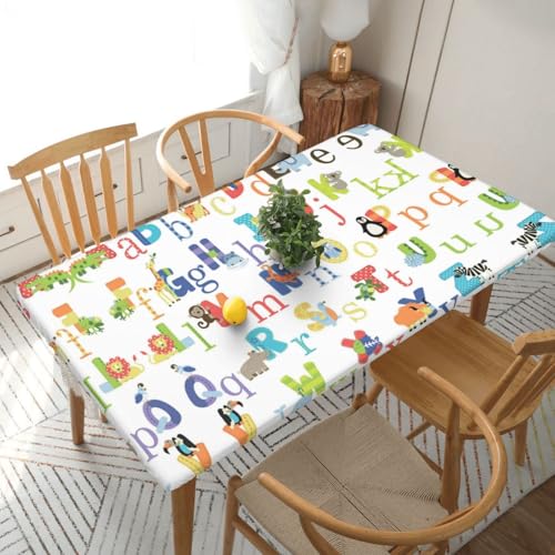 ESNAIUVCD Bunte Tier-Alphabet-Druck, buntes Tier-Alphabet, ölbeständig, rechteckig, Tischdecke, Restaurant-Tischdecke, Gartenparty, Tischdecke (1,5 m) von ESNAIUVCD