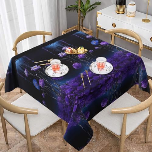 ESNAIUVCD Quadratische Tischdecke mit Blumendruck, geeignet für quadratische oder runde Tische, wasserdicht, knitterarm und langlebig, 137 x 137 cm, Violett von ESNAIUVCD