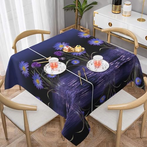 ESNAIUVCD Quadratische Tischdecke mit violettem Blumendruck, geeignet für quadratische oder runde Tische, wasserdicht, knitterarm und langlebig, 137 x 137 cm, 152 x 152 cm von ESNAIUVCD