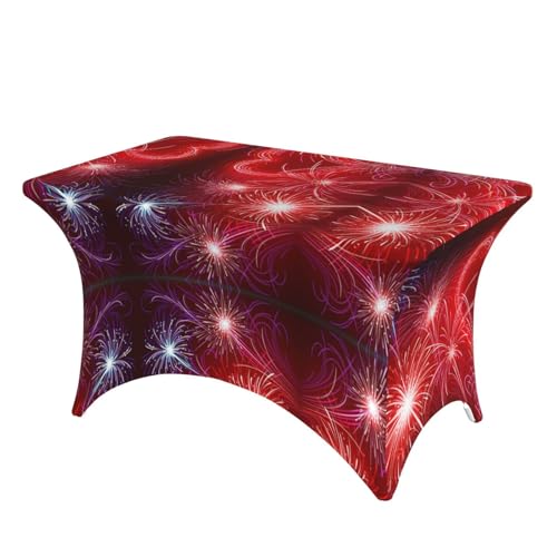 ESNAIUVCD Rote Herzen, Feuerwerk-Druck, Stretch-Spandex-Tischdecke für Standard-Klapptische, universal, rechteckig, für Hochzeit, Bankett und Party von ESNAIUVCD