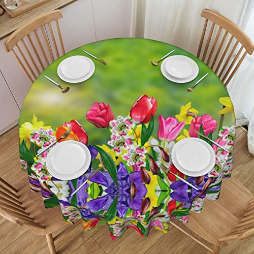 ESNAIUVCD Runde Tischdecke mit Frühlingsblumen-Druck, Polyester, abwischbar, wasserdicht, für Küche, Esszimmer, Party, Picknick, Terrasse, Outdoor, 152 cm von ESNAIUVCD