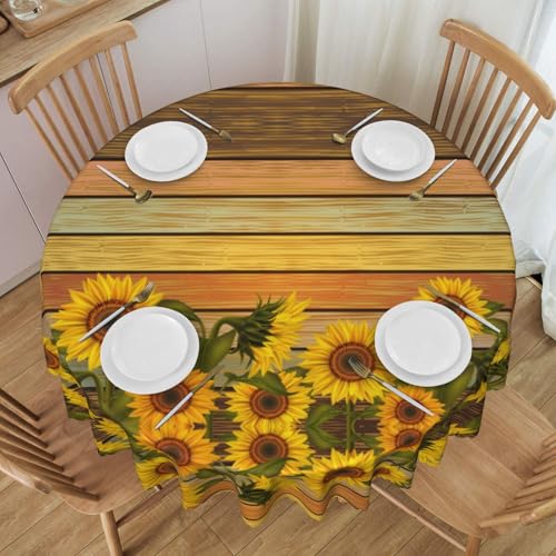 ESNAIUVCD Runde Tischdecke mit Sonnenblume auf Holzdruck, 152 cm, Polyester, abwischbar, wasserdicht, für Küche, Esszimmer, Party, Picknick, Terrasse, Outdoor von ESNAIUVCD