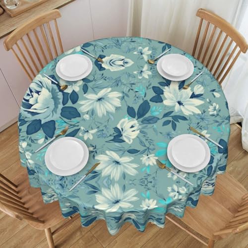 ESNAIUVCD Runde Tischdecke mit blauem Blumendruck, Polyester, abwischbar, wasserdicht, für Küche, Esszimmer, Party, Picknick, Terrasse, Outdoor, 152 cm von ESNAIUVCD