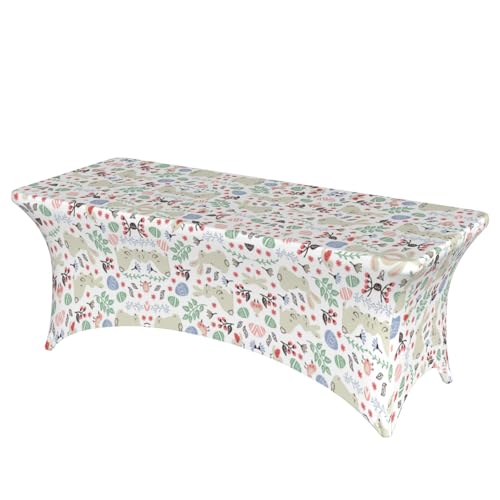 ESNAIUVCD Tischdecke mit Blumen-Hasen-Vogel-Druck, 1,8 m, Stretch-Spandex-Tischdecke für Standard-Klapptische, universell, rechteckig, Schutz für Hochzeit, Bankett und Party von ESNAIUVCD