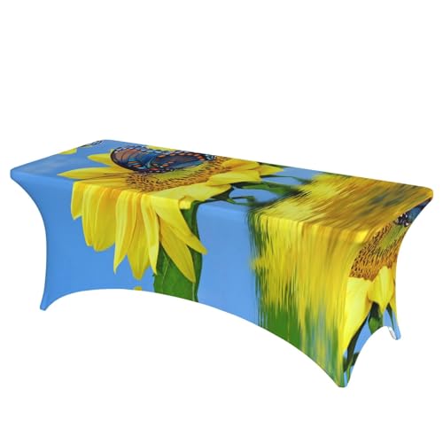 ESNAIUVCD Tischdecke mit Schmetterling auf Sonnenblumen-Druck, 1,8 m, Stretch-Spandex-Tischdecke für Standard-Klapptische, universal, rechteckig, Schutz für Hochzeit, Bankett und Party von ESNAIUVCD