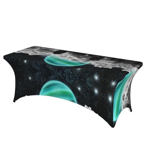 ESNAIUVCD Tischdecke mit Weltraum- und Mondaufdruck, 1,8 m, Stretch-Spandex-Tischdecke für Standard-Klapptische, universal, rechteckig, Schutz für Hochzeit, Bankett und Party von ESNAIUVCD