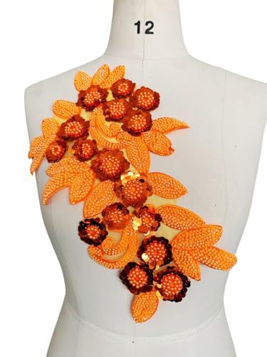 ESOSZNUA Handgefertigter Stoff mit Pailletten-Perlen oder Perlen, Blumen-Applikation für Hochzeitskleid, Kleid, Mieder, Kostüm, Kleidung, Basteln, DIY, 7,8 x 12,5 cm, Orange von ESOSZNUA