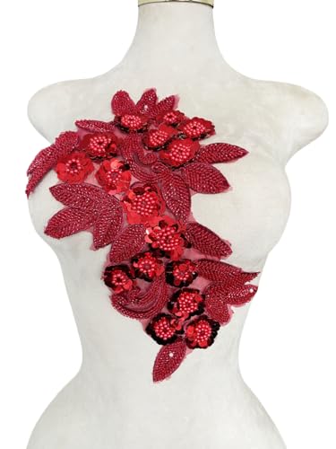 ESOSZNUA Handgefertigter Stoff mit Pailletten-Perlen oder Perlen, Blumen-Applikation für Hochzeitskleid, Kleid, Mieder, Kostüm, Kleidung, Basteln, DIY, 7,8 x 12,5 cm, Rot von ESOSZNUA