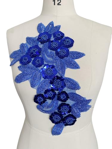 ESOSZNUA Handgefertigter Stoff mit Pailletten-Perlen oder Perlen, Blumenstoff, Spitzenapplikation für Hochzeitskleid, Kleid, Mieder, Kostüm, Kleidung, Handwerk, DIY, 7,8 x 12,5 cm, Blau von ESOSZNUA