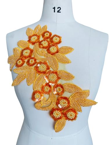 ESOSZNUA Handgefertigter Stoff mit Pailletten-Perlen oder Perlen, Blumenstoff, Spitzenapplikation für Hochzeitskleid, Kleid, Mieder, Kostüm, Kleidung, Handwerk, DIY, 7,8 x 12,5 cm (Hellorange) von ESOSZNUA