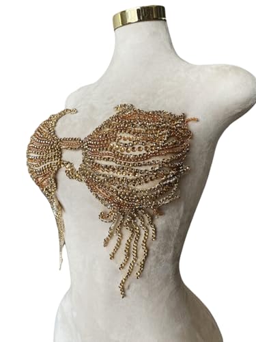 ESOSZNUA Trimimg Flicken, handgefertigt, mit Glas-Strass-Perlen, zum Aufnähen, Applikation für Kleid, Brust, dekoratives Zubehör, 43,2 x 33 cm, Champagnerfarben von ESOSZNUA