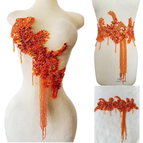 Reine handgefertigte Strass-Fransen-Patch-Bordüre, Kristall-Perlenapplikation zum Nähen, Basteln, Hochzeit, Party, Dekoration, Brautkleid, Zubehör, 41 x 41 cm, Orange von ESOSZNUA