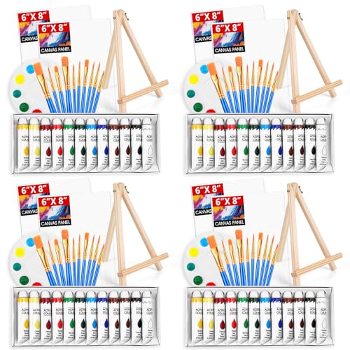 ESRICH 104-teiliges Acrylfarben-Set, Malerei-Set auf Leinwand, Malzubehör mit 4 x 12 Farben Acrylfarbe, 40 Pinsel, Leinwand, Staffelei, Platten, Acryl-Malsets für Kinder, Erwachsene, Künstler und von ESRICH