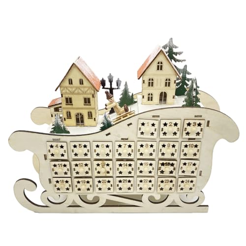 For Creative Santa Schlitten Form Weihnachten Holz Adventskalender mit LED-Licht Dorfhaus 24 Tage Countdown Ornament mit großen Schubladen Box von ESTCNK