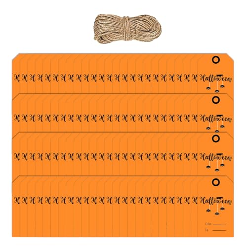 Halloween-Hängeetiketten mit 20 m langem Seil, 5,1 x 3 cm, Paket-Etiketten für Süßigkeiten, Leckereien, Tüten, Halloween-Dekoration, 100 Stück von ETAWDE