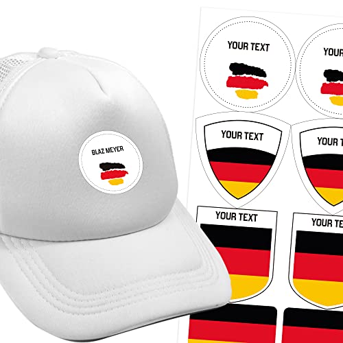 15 Aufnäher mit Flagge zur Auswahl und anpassbarem Text aus thermoklebendem Vinyl. Vinyletiketten zum Aufbügeln für Stoffe, T-Shirts, Tragetaschen usw. (0. Deutschland) von ETIKIDS