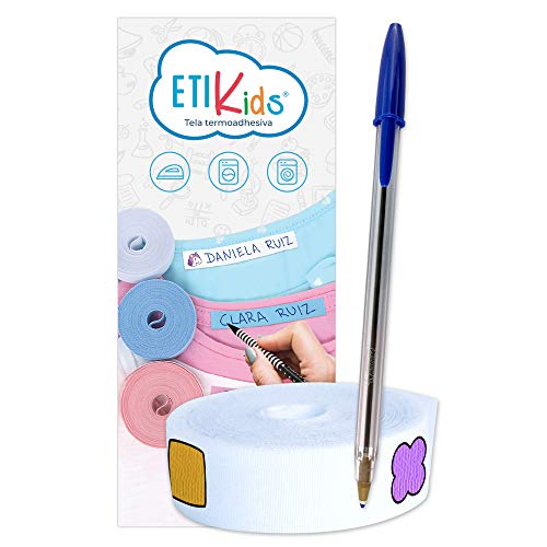 ETIKIDS 25er Rollen Stoffetiketten zum Aufbügeln, Personalisierbar mit Stift, Ideal zum Markieren von Kinderkleidung, Waschmaschinenfest bei 60°C, Bügelbar in nur 20 Sekunden, Formen, Papier von ETIKIDS