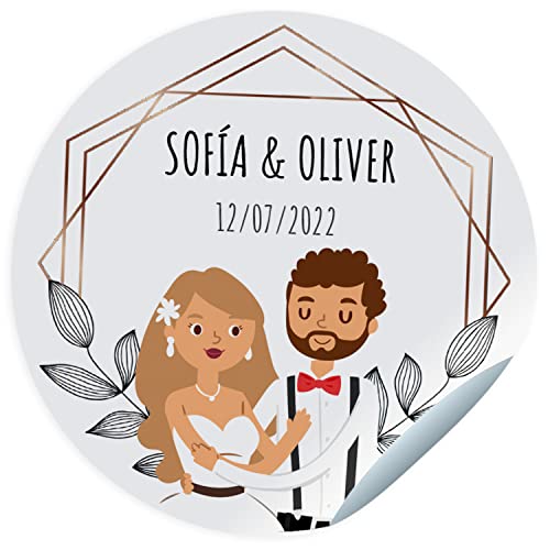 Hochzeitsaufkleber. Personalisierte Sticker mit Namen und Datum für die Geschenke Ihrer Gäste. Größe 45 mm/60 mm/ 70mm Durchmesser. Nicht für Kleidung geeignet von ETIKIDS