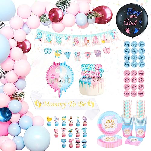 Gender Reveal Party Deko Set - 186 Stück -36 Zoll Boy or Girl Ballon, Team Boy Team Girl Konfetti, Baby Shower Deko, Babyparty Geschirr, Banner und Cake Topper für Boy or Girl Deko von ETLEE