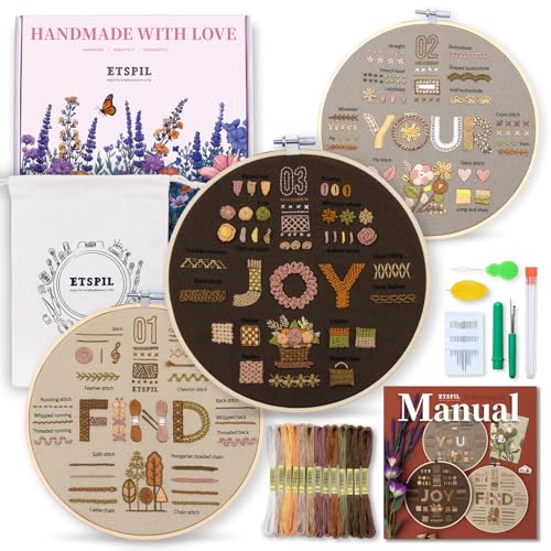 ETSPIL Find Your Joy Stickset für Anfänger, 3 Stück, DIY-Starter-Sets für Erwachsene mit 42 Stichen, geprägten Mustern, floralen Designs, Stickrahmen, buntem Zahnseide, Video-Tutorials und von ETSPIL