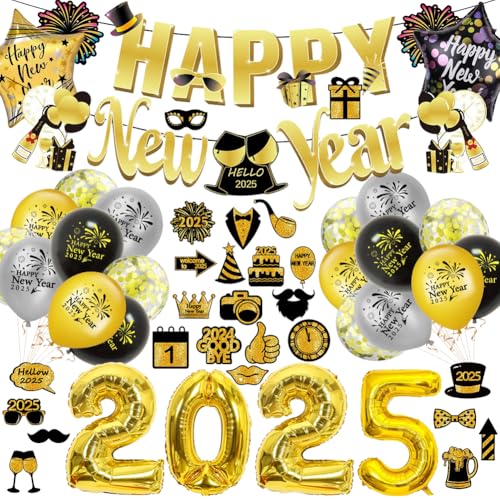 2025 Happy New Year Deko Set2, 2025 Silvesterdekoration Frohes Neues Jahr Deko Fahnen Fotorequisiten LuftBallons Party Dekoration von EUBSWA