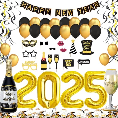 2025 Happy New Year Set1, Silvester Deko 2025 Dekoration Set, Frohes Neues Jahr Folienballons, Fotorequisiten Party Dekoration von EUBSWA