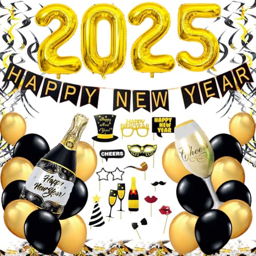 2025 Happy New Year Set1, Silvester Deko 2025 Dekoration Set, Frohes Neues Jahr Folienballons, Fotorequisiten Party Dekoration von EUBSWA