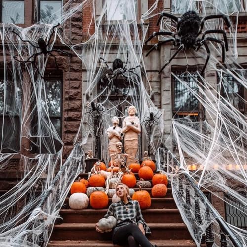 Halloween Deko Spinnennetze Set, 165g Dehnbare Spinnennetze 30 Künstliche Spinnen für Innen Außen, Garten,Tür Fenster, Spukhaus Partyzubehör, Schaurige Atmosphäre für Ihre Feier von EUBSWA