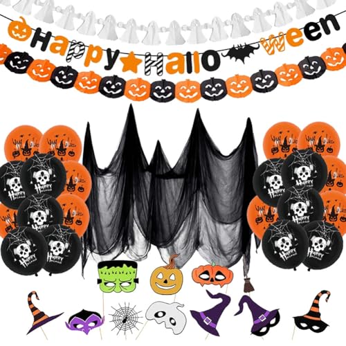 Halloween Dekoration Gruselig Set Deko, Halloween Banner, Luftballon, Spinnennetz, Masken, Geistern von Haus & Garten, für Innen und Außen von EUBSWA