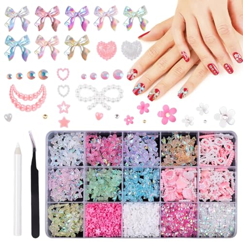 Nagelkunst 1000 Stück Charms und Perlen, Nagelschleifen Charm Stern-Herz-Mond, Niedliche Nageljuwelen für DIY Dekoration von EUBSWA