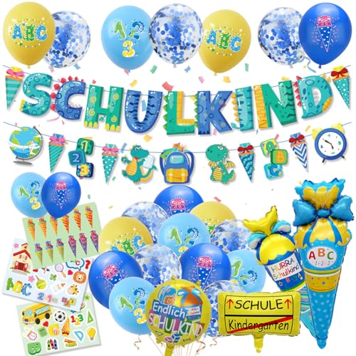 SCHULKIND 2024 Einschulung Deko für Jungen Mädchen, Girlande Zuckertüten Folienballon Luftballon Konfetti Schulanfang Schuleinführung Deko (Blau) von EUBSWA