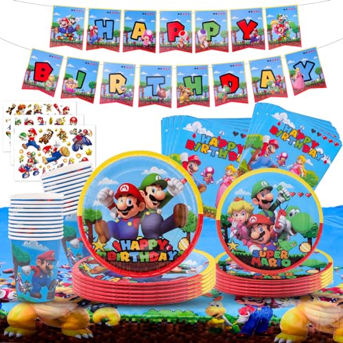 Super Mario Geburtstag Partygeschir 101 Stück, Super Mario Partyzubehör mit Mario Teller Banner Tischdecke Set für Mädchen Jungen für 16 Gäste von EUBSWA