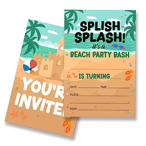 EUDOSI Strand Geburtstag Party Einladungen Supplies Fill In Set 20 Stück mit Umschlägen Splish Splash Beach Bash Einladungskarten, Doppelseitig von EUDOSI