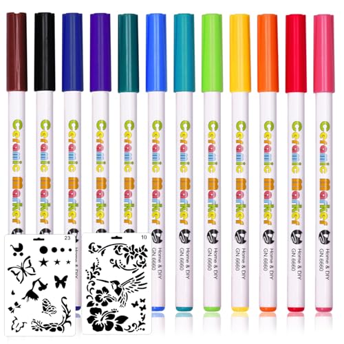 EUDUQ Porzellanstifte Spülmaschinenfest mit 2 Stück Malschablone,Acrylstifte für Steine 12 Farben,Glasmalstifte,Keramikstifte,Paint Marker Stifte Set für zum Keramik,Glas,Steine Bemalen von EUDUQ