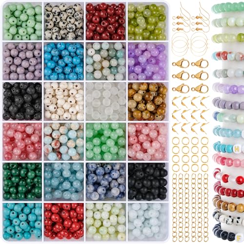 EUES 700+ Stück Runde Bunte Amazonit Perlen Glasperlen zum Basteln, 24 Farben 6mm Armbänder Perlen Edelsteine mit Loch, Kristalle zum Auffädeln (01-6MM 24 Farbe Einfach) von EUES