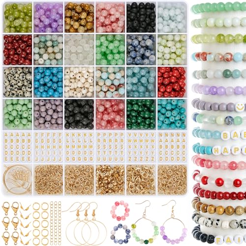 EUES 6mm Perlen Set für Armbänder zum Basteln, 24 Farben Runde Bunte Armbänder Perlen Glasperlen Edelsteine mit Loch, Kristalle zum Auffädeln für DIY Schmuckherstellung, Partys, Feiertage von EUES