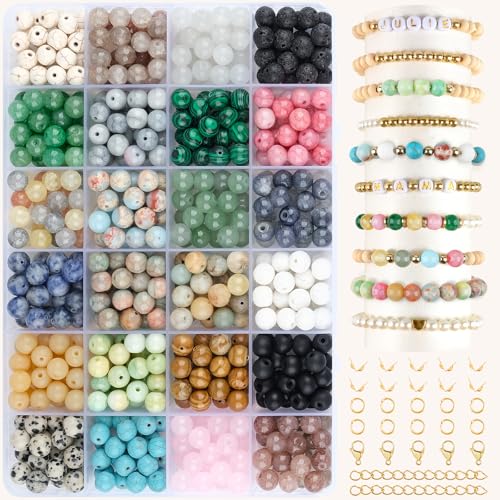 EUES 8mm Perlen Edelstein Perlen Kit, Naturstein Perlen mit Holzperlen, Boho Stil Edelsteine zum Auffädeln für DIY Mode Perlen Bracelet Making Kit, Partys, Weihnachten von EUES