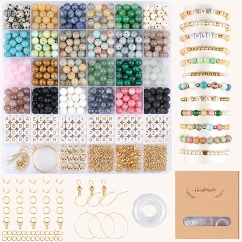 EUES 8mm Perlenset für Armbänder Selber Machen,24 Farben Perlen zum Basteln Glasperlen zum Auffädeln,Buchstabenperlen mit DIY Freundschaftsarmbänder Schmuckherstellung Halsketten Making Kit von EUES