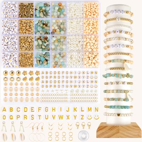 EUES Natürliche Amazonit Perlen Edelstein Perlen Kit, Naturstein Perlen mit Holzperlen, Boho Stil Edelsteine zum Auffädeln für DIY Mode Perlen Bracelet Making Kit, Partys, Weihnachten von EUES