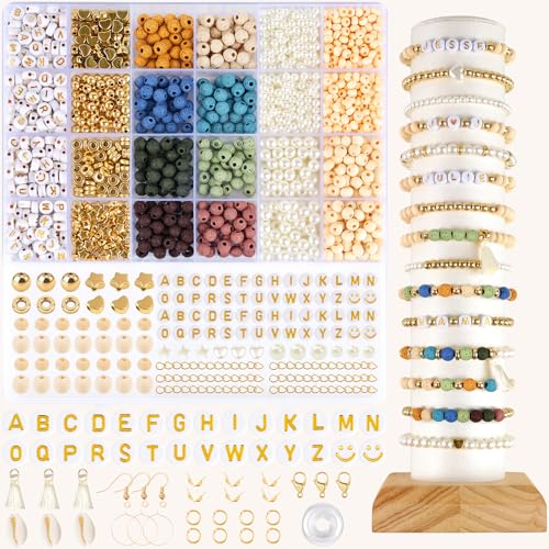 EUES Natürliche Lavastein Perlen Edelstein Perlen Kit, Naturstein Perlen mit Holzperlen, Boho Stil Edelsteine zum Auffädeln für DIY Mode Perlen Bracelet Making Kit, Partys, Weihnachten von EUES