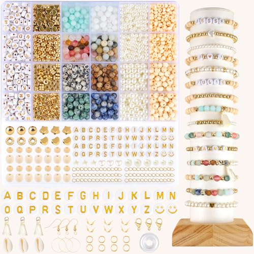 EUES Natürliche Perlen Edelstein Perlen Kit, Naturstein Perlen mit Holzperlen, Boho Stil Edelsteine zum Auffädeln für DIY Mode Perlen Bracelet Making Kit, Partys, Weihnachten von EUES