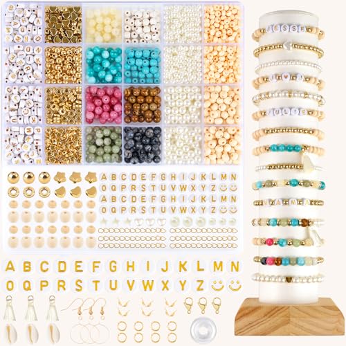 EUES Natürliche Perlen Edelstein Perlen Kit, Naturstein Perlen mit Holzperlen, Boho Stil Edelsteine zum Auffädeln für DIY Mode Perlen Bracelet Making Kit, Partys, Weihnachten von EUES