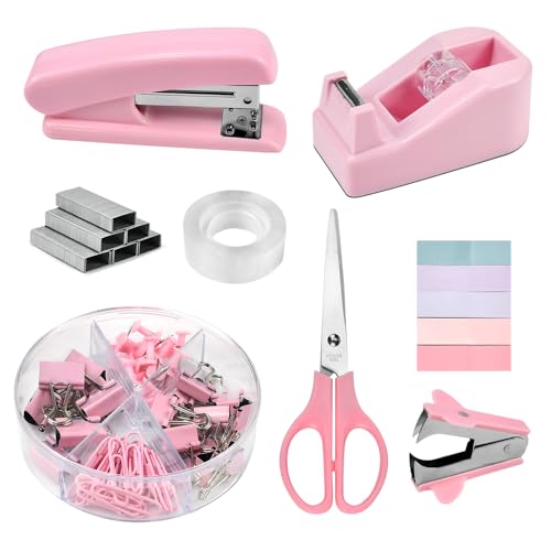 EUIEUT Büroartikel Set Schreibtischzubehör Rosa Büromaterial Office Supplies 8 Kit mit Heftgerät, 1000 Heftklammern, Heftklammerentferner, Haftnotizen, Klebebandabroller, Klebeband, Schere, Clips von EUIEUT