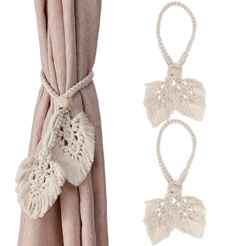 Vorhang Raffhalter 2 Stück Boho Gardinenhalter Natürlicher Baumwolle Beige Gewebter Vorhänge Halter Clips Handgefertigte Blätter Vorhanghalter zur Dekoration von Wohnzimmer Büro und Schlafzimmer von EUIOOVM