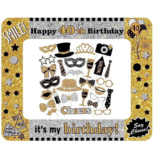 40.Geburtstag Deko Männer Frauen,Schwarzes Gold 40.Geburtstag Aufblasbarer Bilderrahmen & 31 Stück Foto Requisiten Party Foto Booth Props Fotobox Accessoires Geschenke für 40 Geburtstags Party Zubehör von EULAPGOE